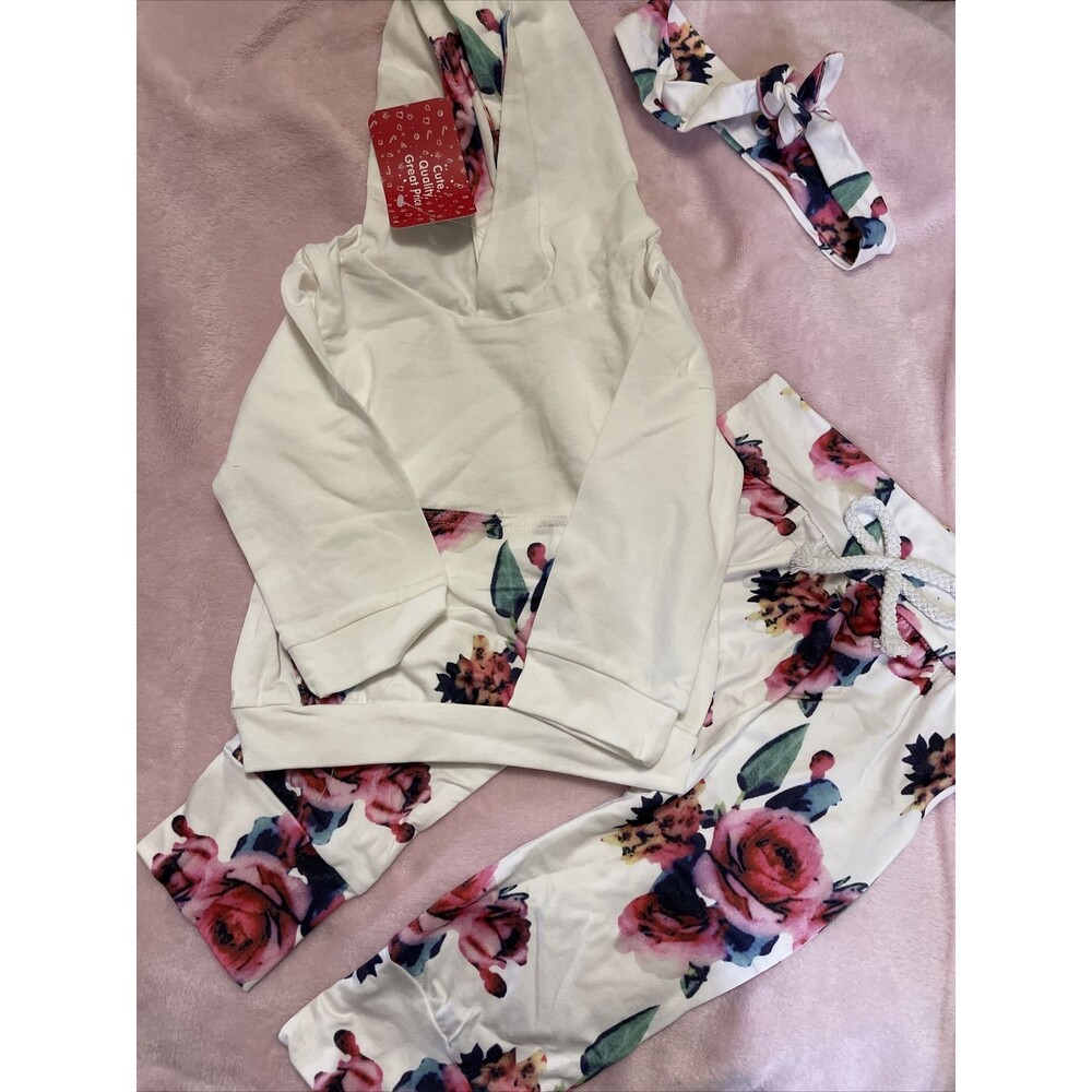 (p1) Brand New PatPat 6-9M White Floral Hoodie And Joggers Outfit
